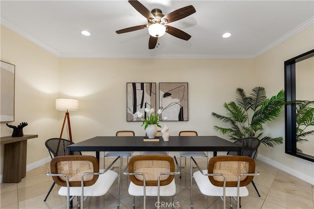 tiled office space with baseboards, recessed lighting, and crown molding