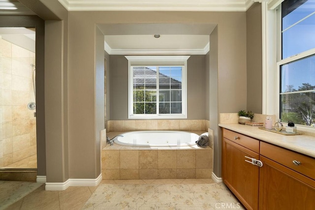 full bathroom with ornamental molding, tile patterned flooring, tiled shower, and a whirlpool tub