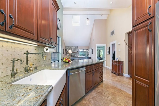 kitchen featuring stainless steel dishwasher, tasteful backsplash, a sink, and visible vents