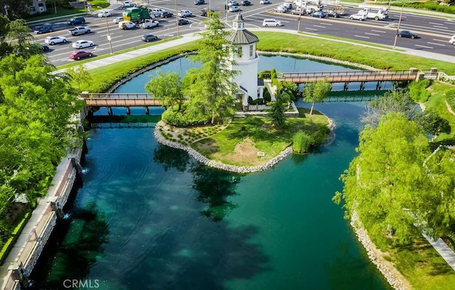 birds eye view of property featuring a water view