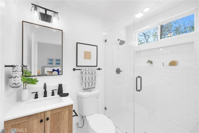 bathroom featuring vanity, a shower stall, and toilet