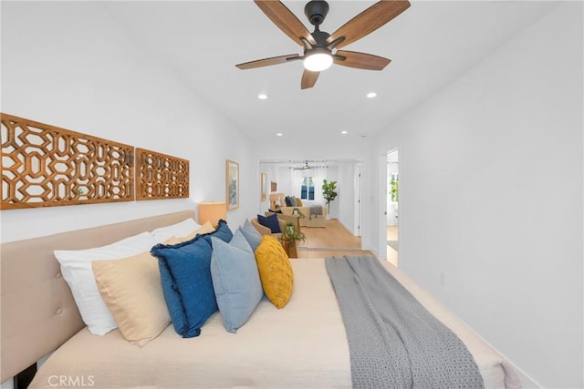 bedroom with a ceiling fan and recessed lighting