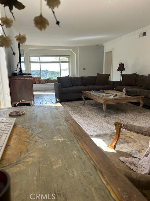 living area with visible vents and crown molding