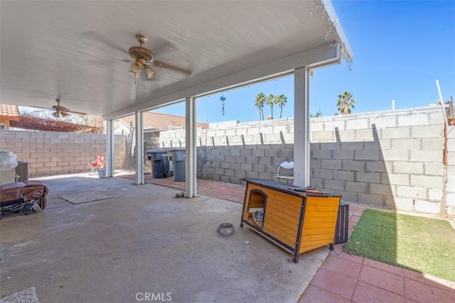 view of patio / terrace featuring a ceiling fan and a fenced backyard