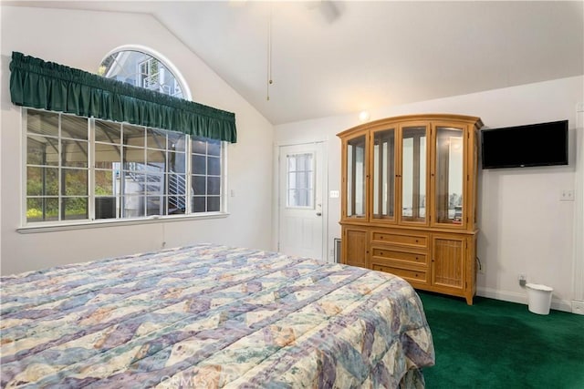 bedroom featuring lofted ceiling, baseboards, and carpet flooring