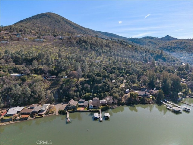 aerial view featuring a view of trees and a water and mountain view