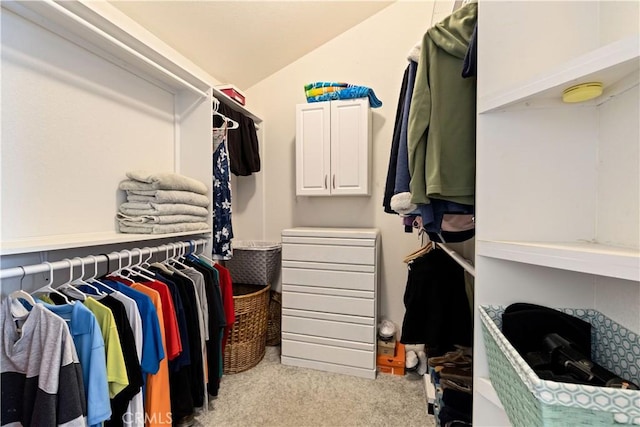 spacious closet featuring lofted ceiling and carpet