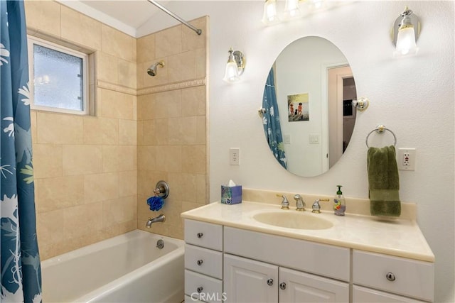 full bath with shower / bath combo with shower curtain and vanity