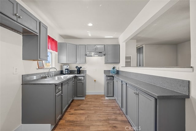 kitchen featuring gray cabinetry, a sink, wood finished floors, under cabinet range hood, and baseboards