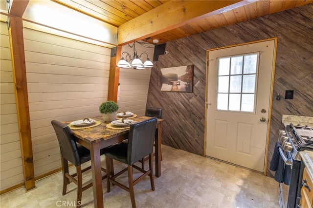 dining room with light floors, wood ceiling, and wooden walls