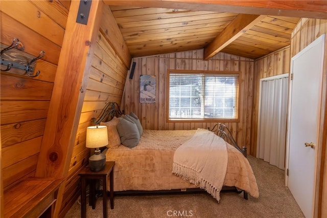 bedroom featuring wooden ceiling, carpet flooring, vaulted ceiling with beams, and wooden walls