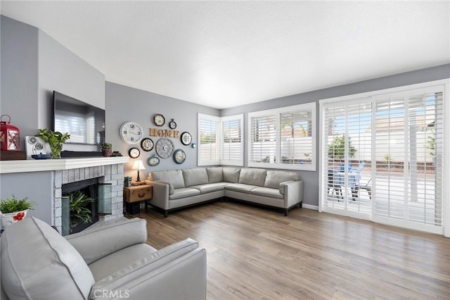 living area with a fireplace and wood finished floors