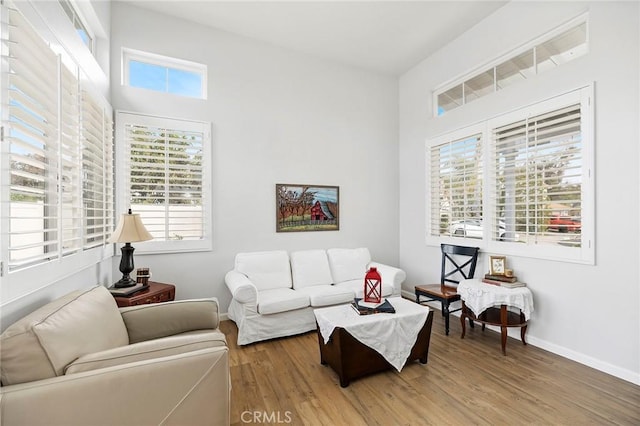 living room with baseboards and wood finished floors