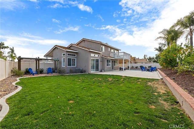 rear view of property featuring central AC, a patio, a fenced backyard, and a pergola