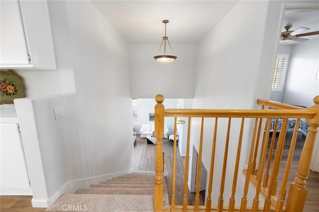 stairway with a ceiling fan, baseboards, and wood finished floors