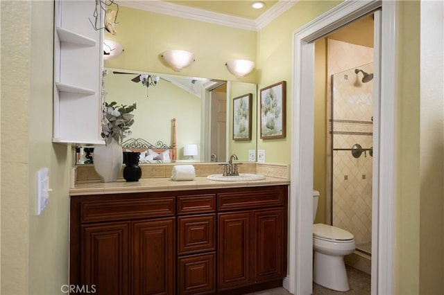 full bathroom featuring toilet, a shower stall, crown molding, and vanity