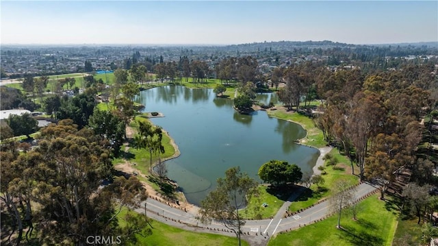 aerial view featuring a forest view and a water view