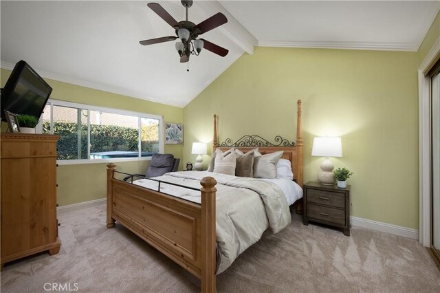 bedroom with light colored carpet, ceiling fan, lofted ceiling with beams, and baseboards