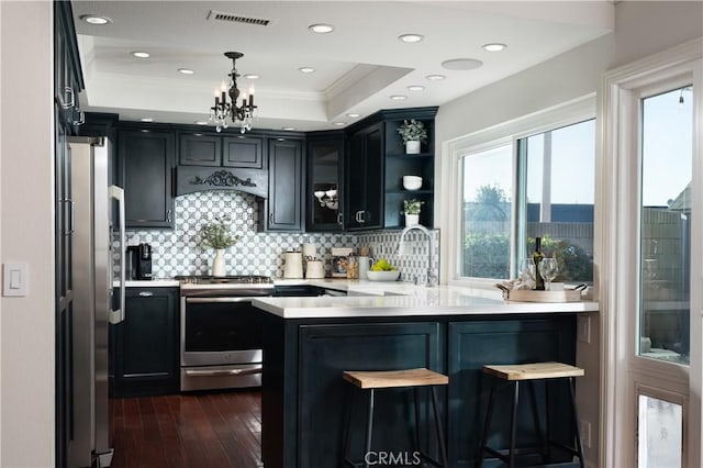 bar featuring decorative backsplash, dark wood-type flooring, a tray ceiling, stainless steel appliances, and a sink