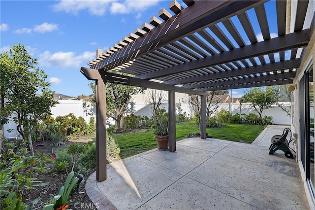 view of patio / terrace featuring a fenced backyard and a pergola