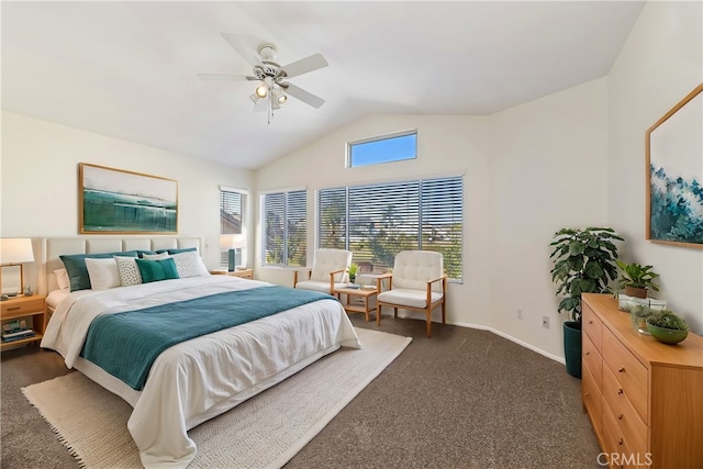 bedroom featuring lofted ceiling, ceiling fan, dark carpet, and baseboards