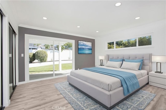 bedroom with access to outside, crown molding, light wood finished floors, and recessed lighting