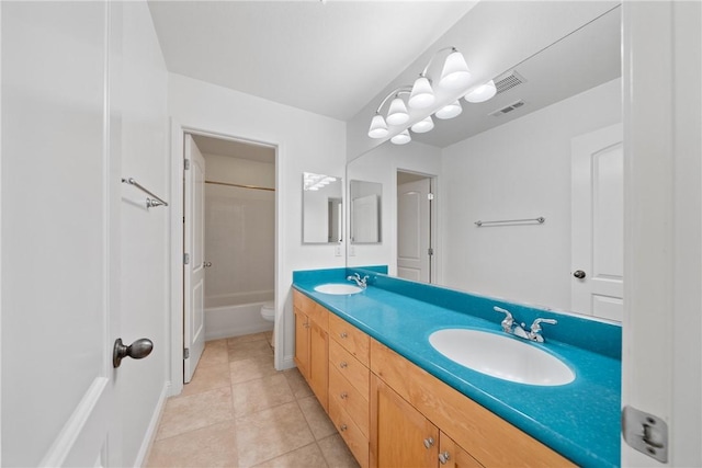 full bathroom with tile patterned flooring, visible vents, a sink, and double vanity