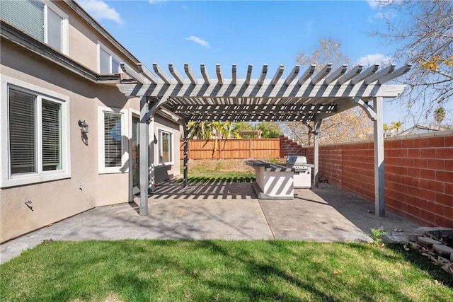 view of patio featuring area for grilling, a fenced backyard, and a pergola