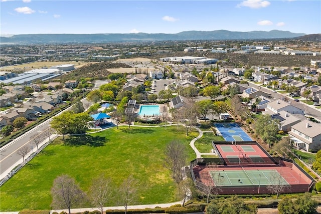 drone / aerial view featuring a mountain view