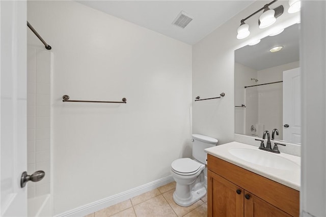 full bath featuring visible vents, baseboards, toilet, tile patterned flooring, and vanity