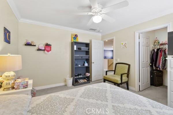 carpeted bedroom featuring a ceiling fan, a spacious closet, baseboards, and crown molding