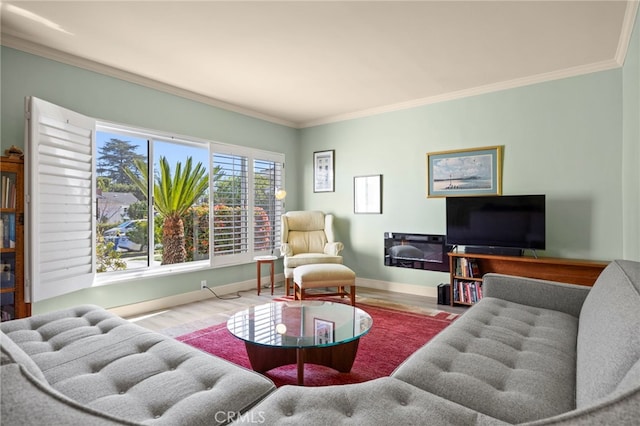 living area featuring crown molding, wood finished floors, and baseboards