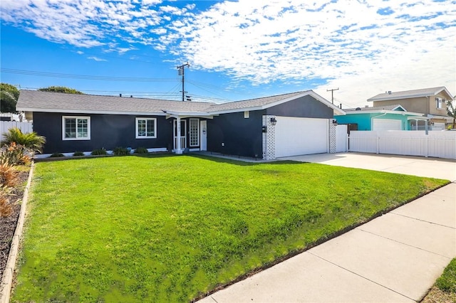 ranch-style home featuring an attached garage, driveway, a front lawn, and fence