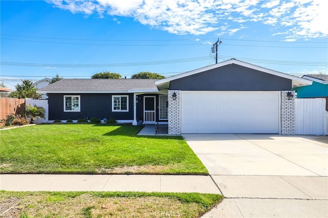 single story home featuring brick siding, fence, a garage, driveway, and a front lawn