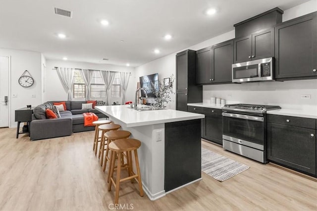 kitchen featuring a sink, visible vents, appliances with stainless steel finishes, light wood finished floors, and a kitchen bar