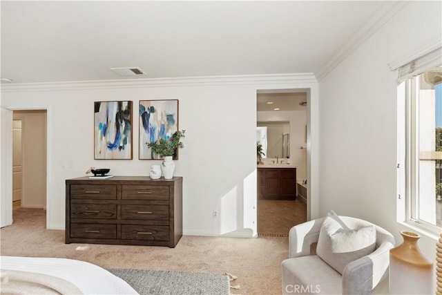 bedroom featuring light colored carpet, crown molding, visible vents, and baseboards