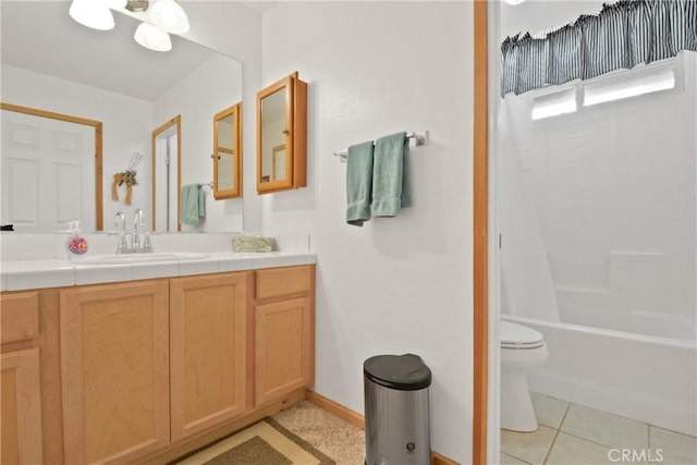 full bathroom featuring toilet, shower / bathtub combination, tile patterned flooring, and vanity