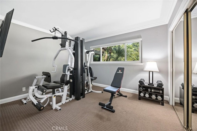 workout room featuring baseboards, carpet floors, and crown molding