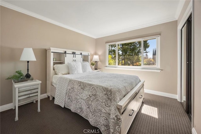 bedroom featuring crown molding, dark carpet, and baseboards