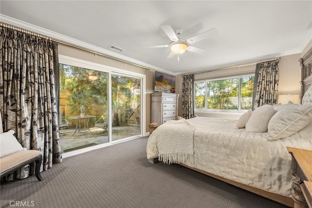 bedroom with ceiling fan, visible vents, access to exterior, ornamental molding, and carpet