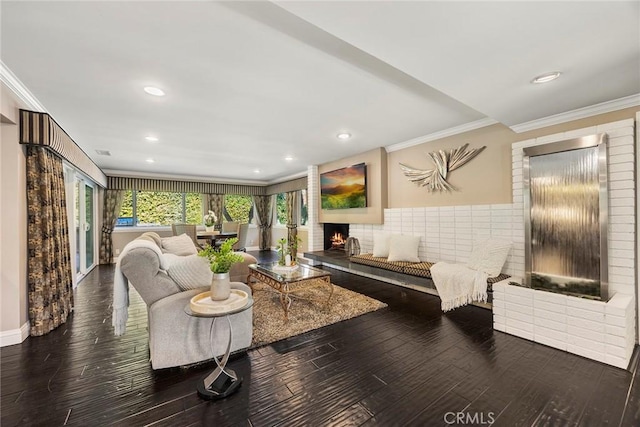 living room with baseboards, a lit fireplace, wood finished floors, and crown molding