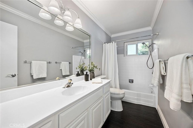 full bathroom featuring toilet, wood finished floors, vanity, ornamental molding, and shower / bathtub combination with curtain