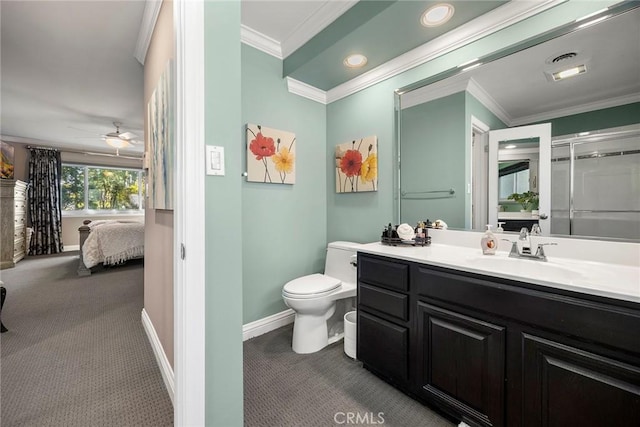 full bath featuring baseboards, toilet, ornamental molding, an enclosed shower, and vanity