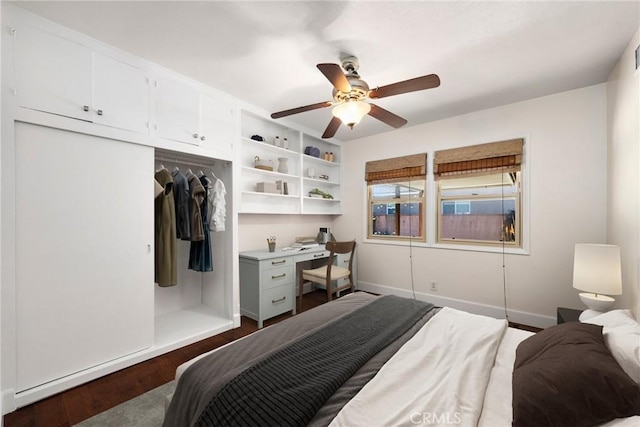 bedroom featuring ceiling fan, dark wood-type flooring, a closet, and baseboards