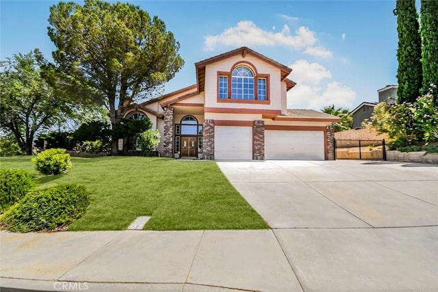 view of front of home with an attached garage, brick siding, driveway, stucco siding, and a front lawn