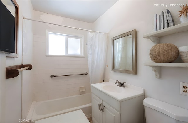 full bath featuring shower / tub combo, vanity, and toilet