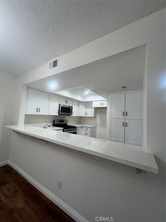 25614 Mont Pointe Unit 3D, Lake Forest, CA 92630 - kitchen featuring stainless steel appliances, a peninsula, dark wood-style floors, a textured ceiling, and light stone counters