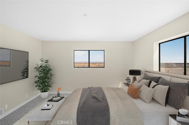 bedroom with carpet, multiple windows, and baseboards