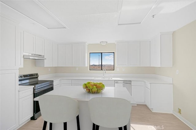 kitchen featuring stainless steel appliances, light wood-style floors, a sink, under cabinet range hood, and a kitchen bar