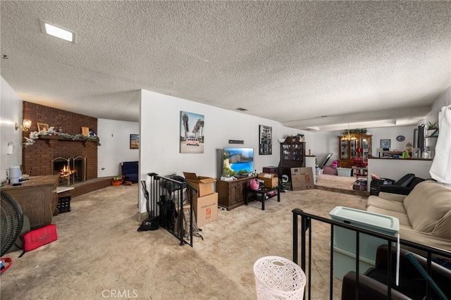 living room featuring light carpet, a textured ceiling, a brick fireplace, and visible vents